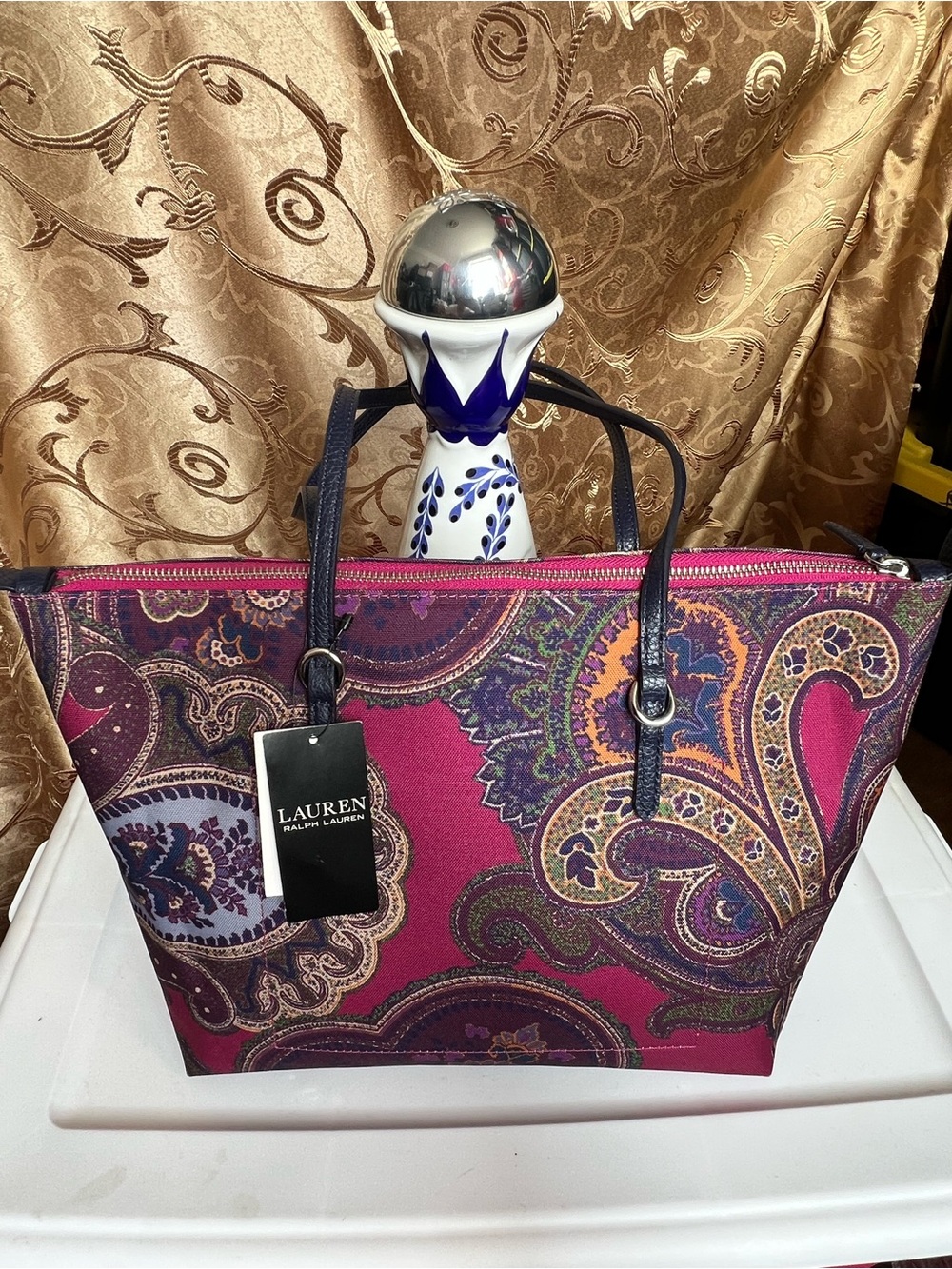 NWT Lauren Ralph Lauren Nylon Medium Keaton Tote Bag - Dimora Paisley Purple